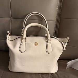 Tory Burch Cream Pebbled Leather Satchel with Gold Logo Accent